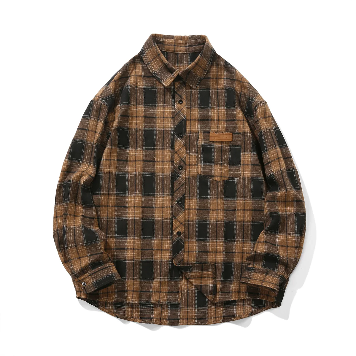 Vintage Men Plaid Shirt Oversized Outer Top Clothes Casual Long Sleeve Checked Overshirt Single Pocket Buttons Blouse Male