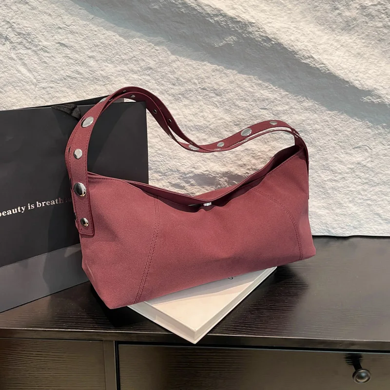 

Fashion Armpit Sling Handbags Rivets Design Half Moon Shoulder Bags 2025 Retro Suede Leather Underarm Shoulder Handbag And Purse