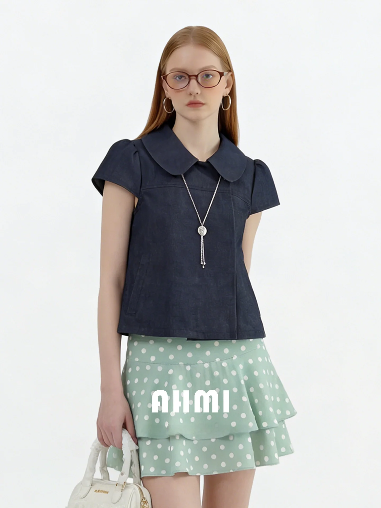 

Женская джинсовая рубашка AHMI свободного кроя с коротким рукавом и рукавами-фонариками, повседневный стиль для работы и отдыха, модный топ на весенний сезон