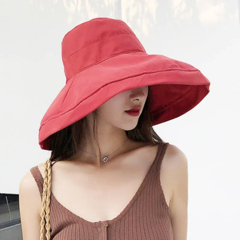 Oversized Summer New Cotton Breathable Big Brim Solid Color Fashion Bucket Hat Women Outdoor Travel Adjustable Sun Fisherman Hat