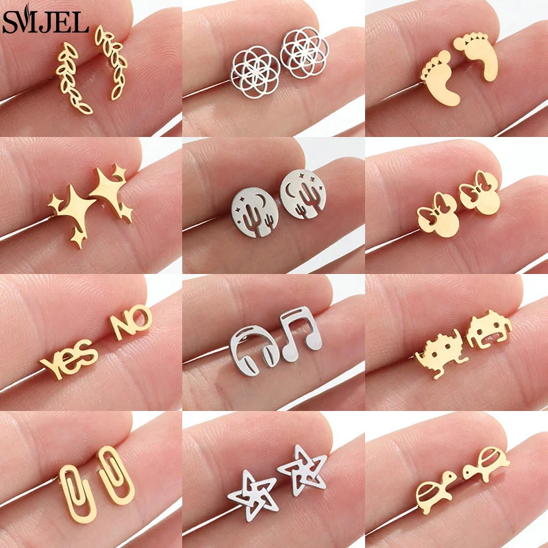 Golden Stainless Steel Mini Stud Earrings Leaf Star Tortoise Safety Pin Cartilage Ear Piercing Jewelry Cute Bowknot Mouse Studs