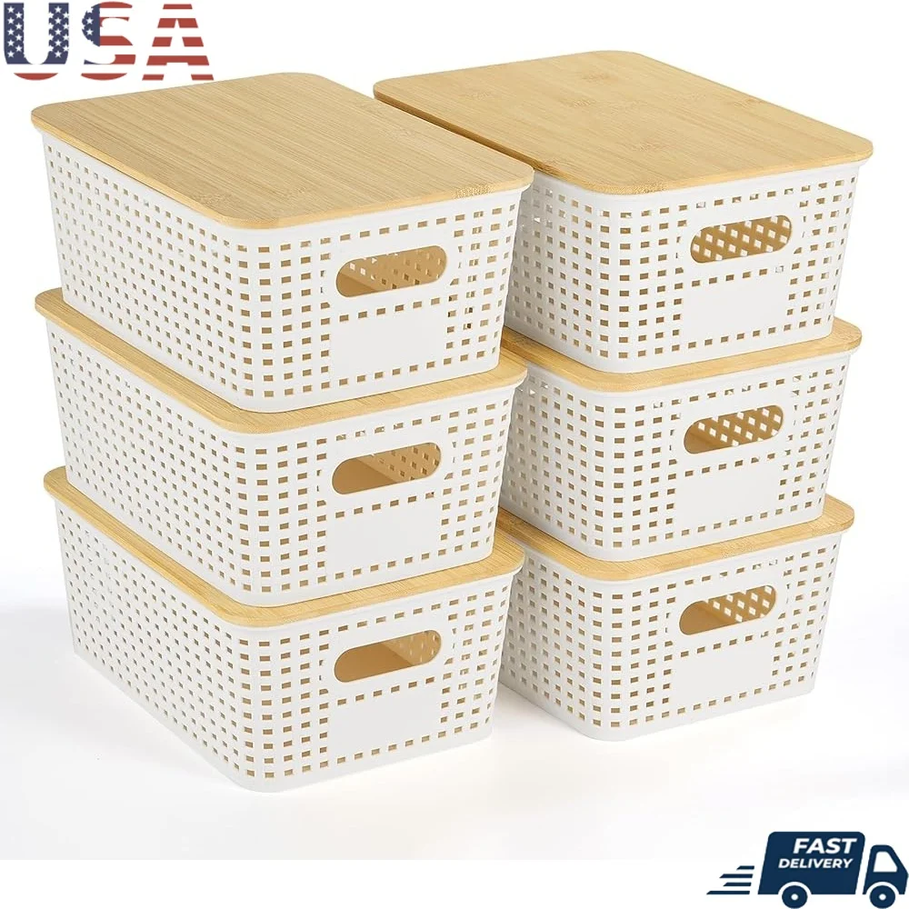 

Stackable Plastic Storage Bins with Bamboo Lids Multi-Purpose Organizing Baskets Cabinets Closets Shelves Office Home Use 6 Pack