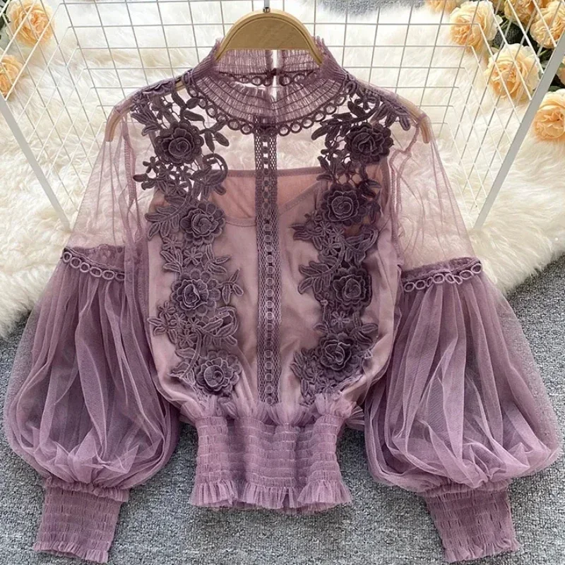 Lace Puff Long Sleeve Blouse Vintage Fashion Blouses Elegant Femme Blusas Korean Woman Tops Women Shirts Clothing Dropshipping