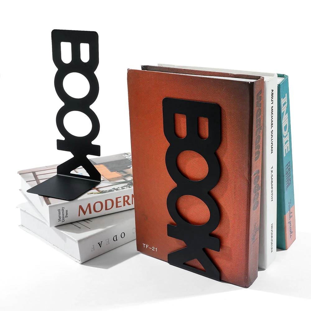 Ceative Hollow-out BOOK Letters Bookend Set of 2 Metal Book Stand Classic Magazine Book Organizer Holder for Home Office