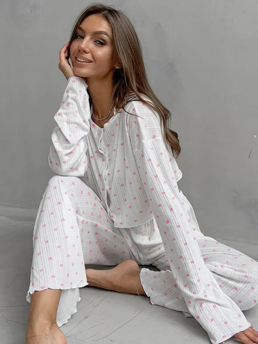 Mozuleva Love Printed Pajama Set Basic Loose Casual Nightgown Cardigan Short Long Sleeved Pants Lounge Women\'s Sleep Set