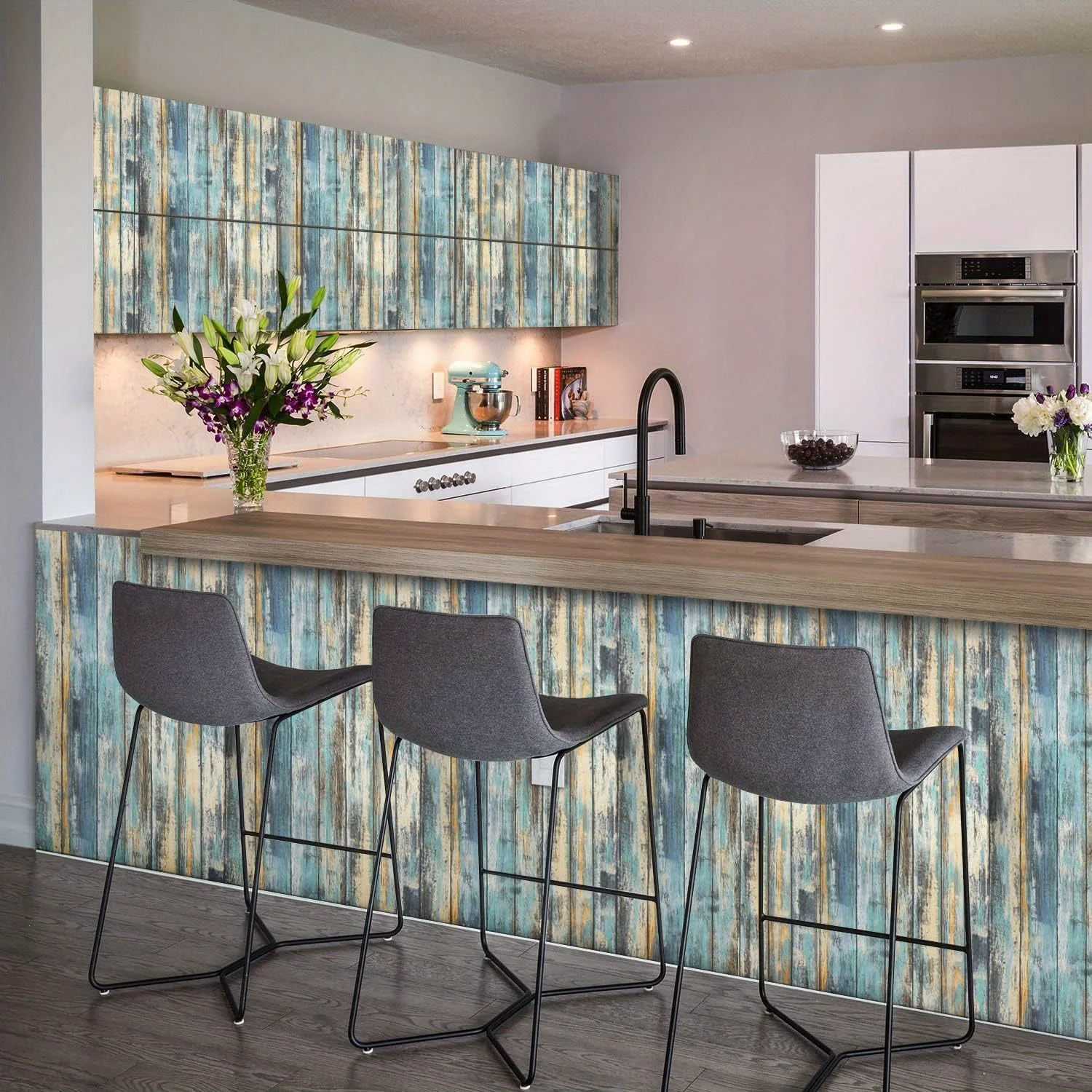 Roll 1, Self-Adhesive Removable Wood Contact Paper for Cabinets, Blue Damaged Wood Grain Waterproof Wallpaper