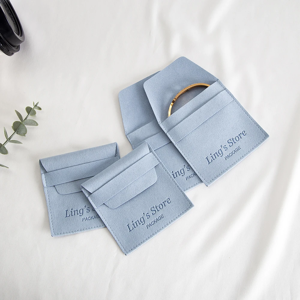 

50Pcs Personalized Logo Baby Blue Microfiber Strip Gift Bag Velvet Flap Sack 8x8cm 10x10cm 12x12cm Suede Pouches Envelope Pocket