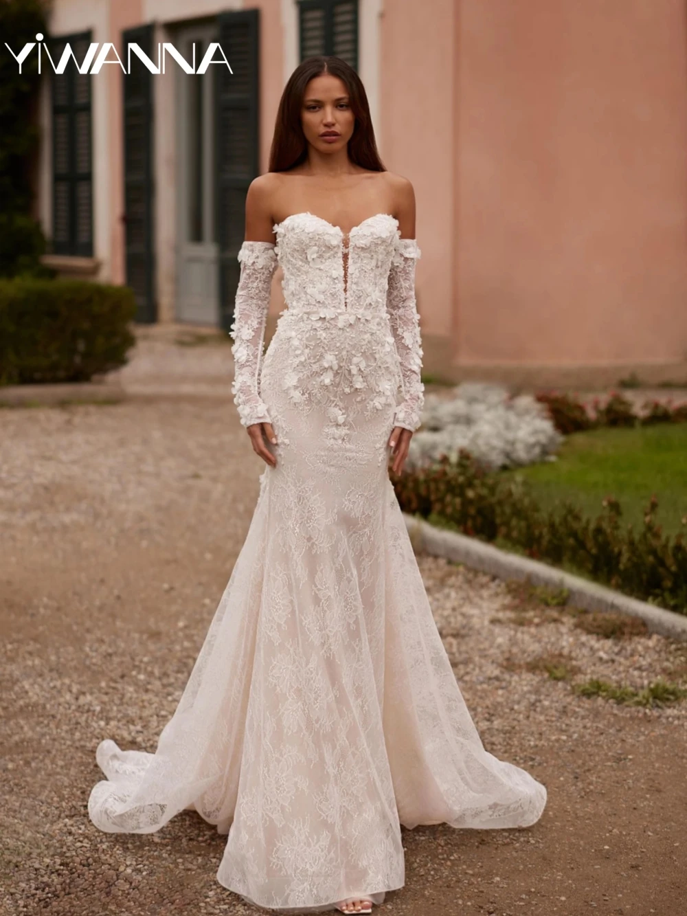

Detachable Sleeve Beaded 3D Flower Wedding Dress Dreamy Lace Mermaid Long Bridal Gown Customized Graceful Dresses For Bride