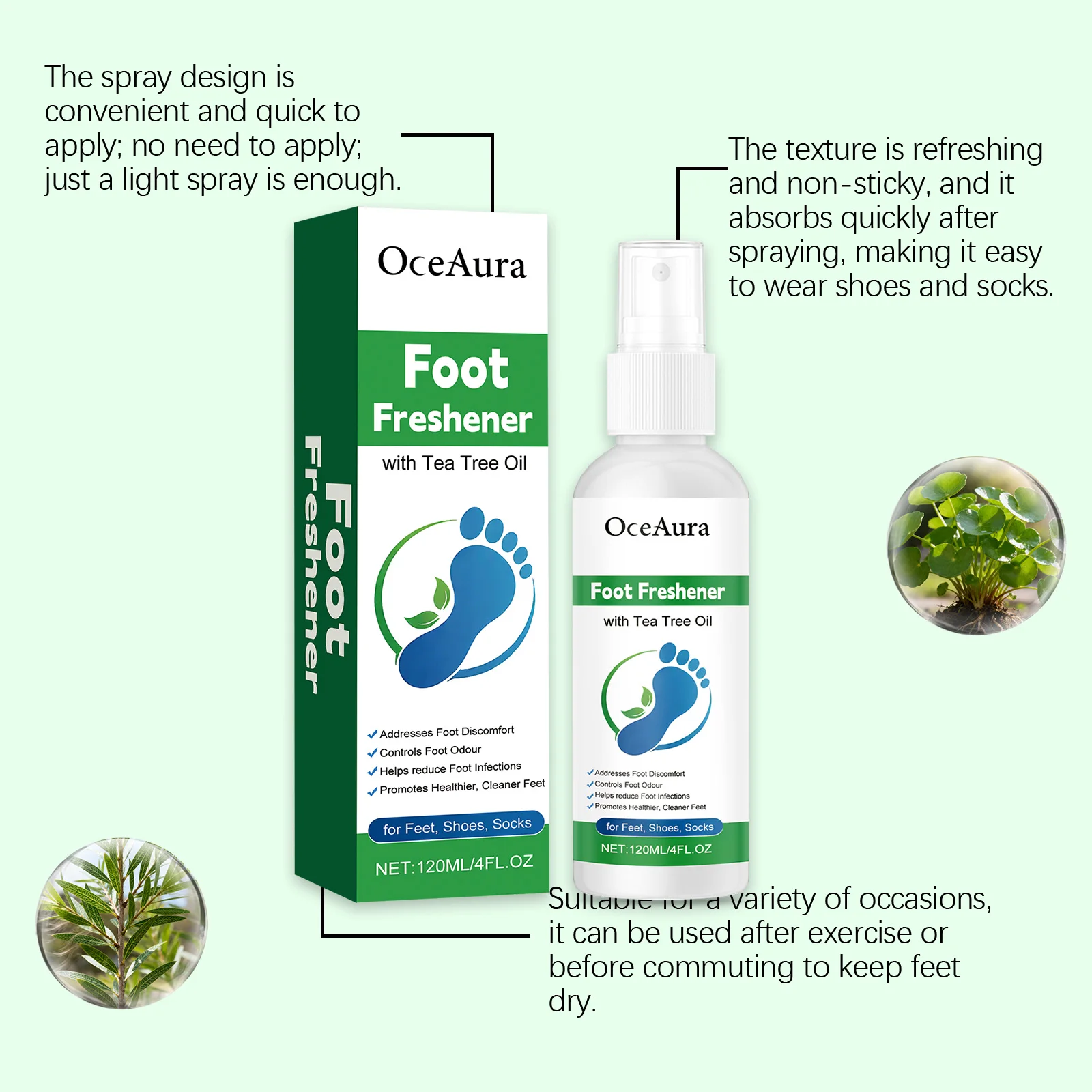 OceAura Foot Freshener Spray with Tea Tree Oil Deodorizing Sweat Absorbing Odor Eliminating Moisturizing Refreshing Foot Spray view 2