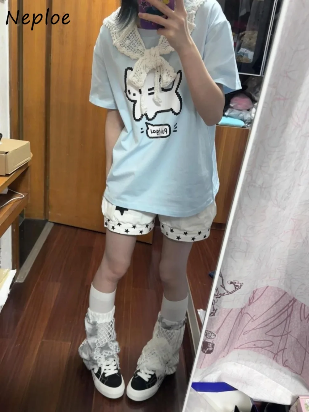 

Neploe Lovely Cat Print Casual Crop Top Women's Half Sleeve O Neck All-match Japanese T-shirt Loose Simple Soft Literary Mujer