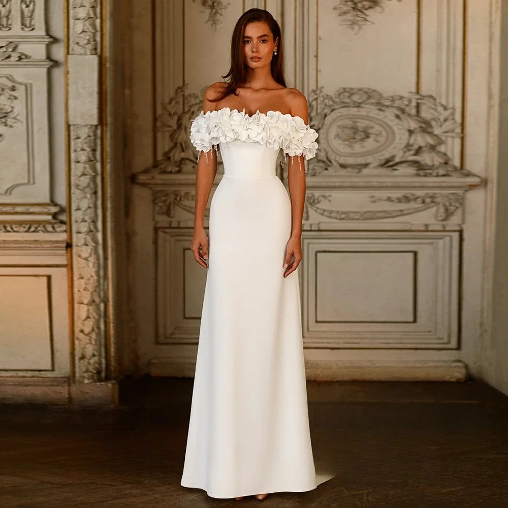 

Simple Wedding Dress Customized Off Shoulder Boat Neck Flowers Beading Sweep Train A Line Bridal Gown for Bride Robe De Mariee