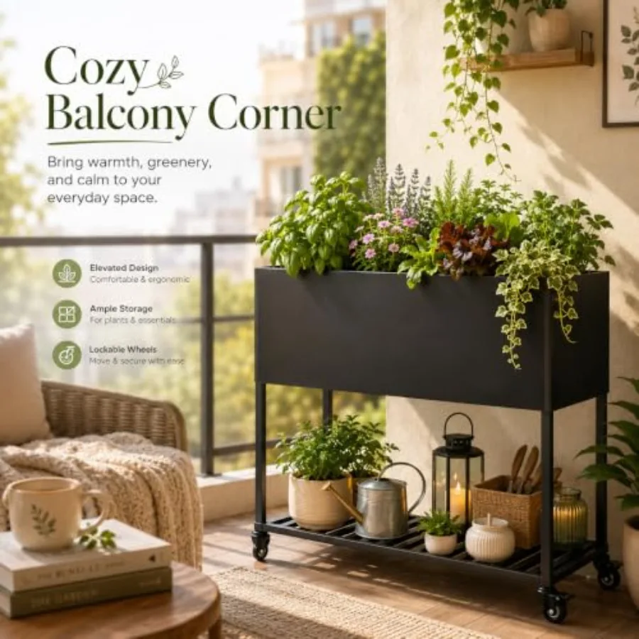 Elevated Raised Garden Bed with Legs, Wheels and Storage Shelf