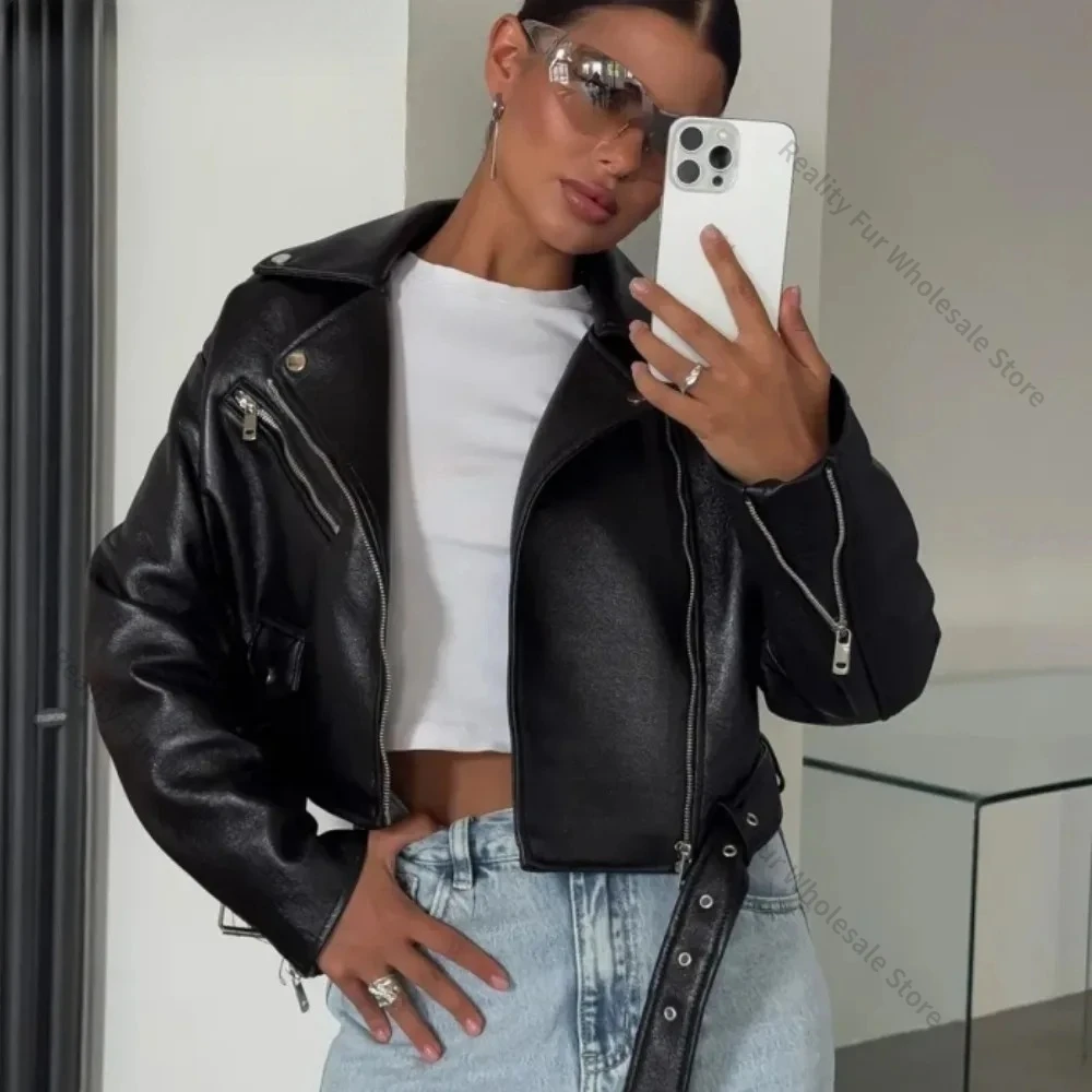 

New Biker Jacket Lady PU Leather Jacket Women Spring Motorcycle Style Autumn Short Lapel Long-sleeved Faux Leather Jacket