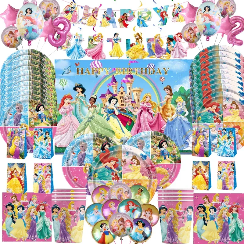 

Princess Happy Girl Child Birthday Theme Party Set Party Supplies Cup Plate Banner Tablecloth Loot Bag Cake Decoration