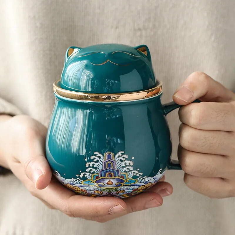 SUSHI CERAMICS  Filter Cup with Lid, Peacock Green Cute Cat Pattern Decorated Ceramic Tea Cups,  Tea Set, Exquisite Gift