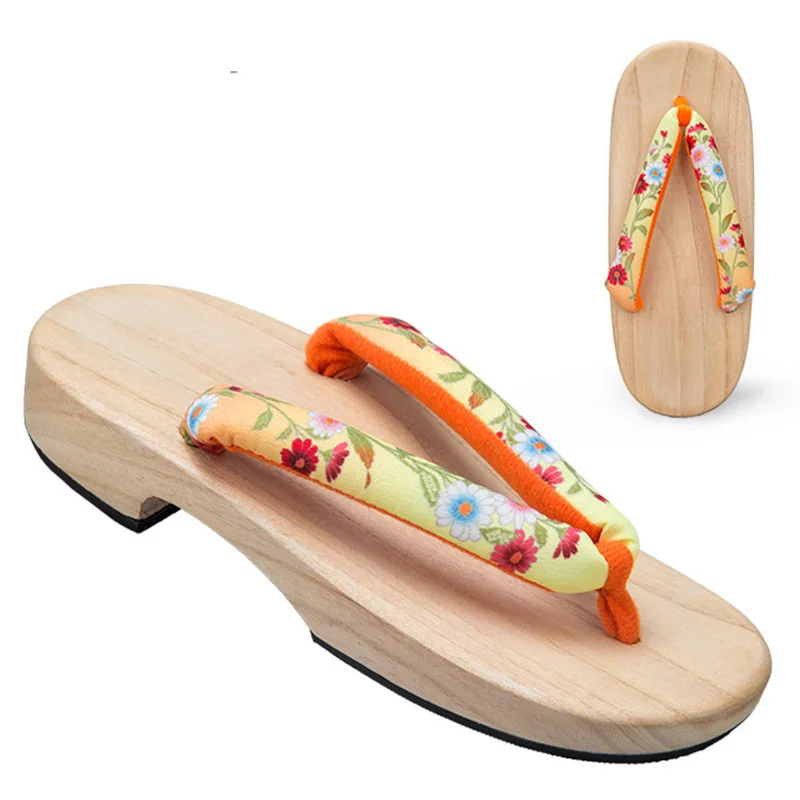 Women's Natural Color Wooden Sandals Cosplay Shoes Med Heel Summer Slippers Beach Flip Flops Japan Geta Casual Clogs