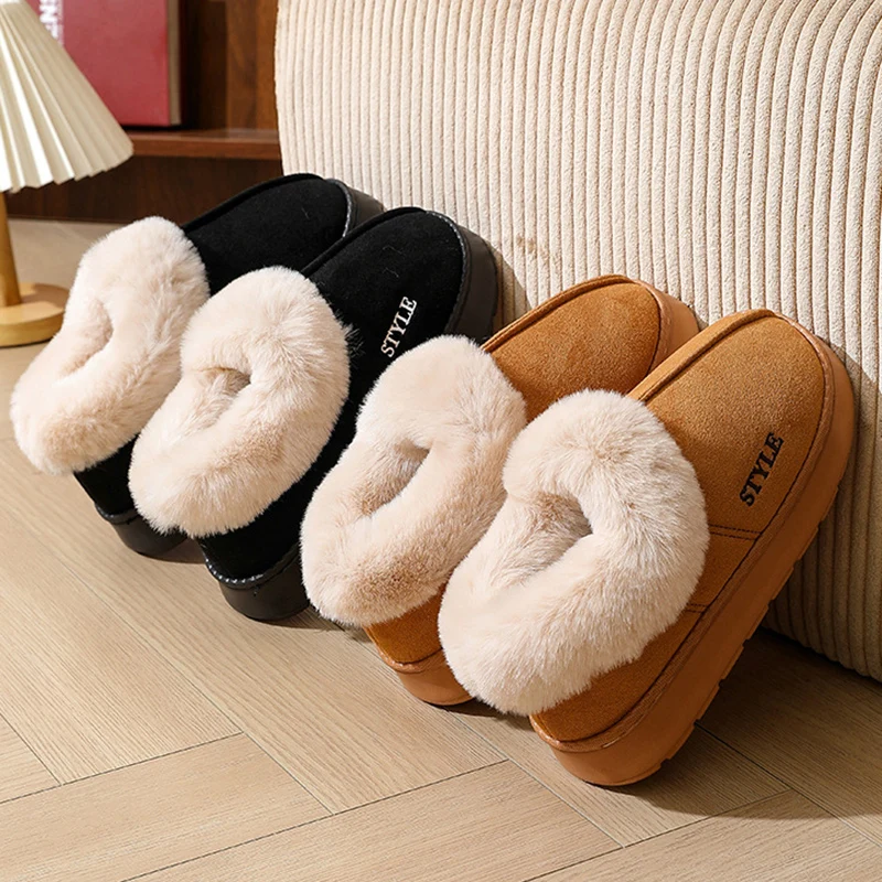 Anti-slip Thick Plush Snow Boots Women Faux Suede Platform Fur Winter Boots Woman Slip On Warm Cotton Padded Shoes Female 45