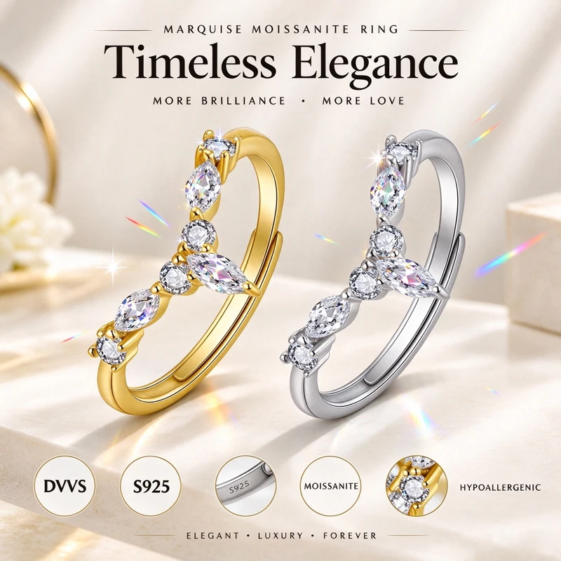 Neuer Modischer Marquise-Schliff Moissanit-Ring S925 Sterling Silber mit GRA-Zertifikat D VVS1 3EX Verstellbare Größe Hochzeits- und Partygeschenk – Detail 6