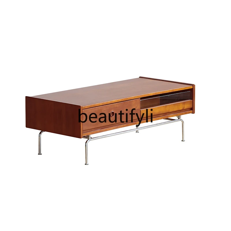 Japanese solid wood coffee table medieval Nordic light luxury stainless steel retro tea table simple and modern