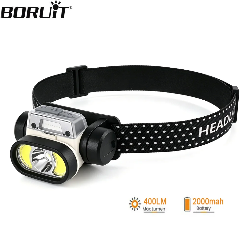 BORUiT Motion Sensor Headlamp 400LM 5 Modes Lightweight Head Lamp Type-C Rechargeable 18650 Headlight Head Light With Red Light