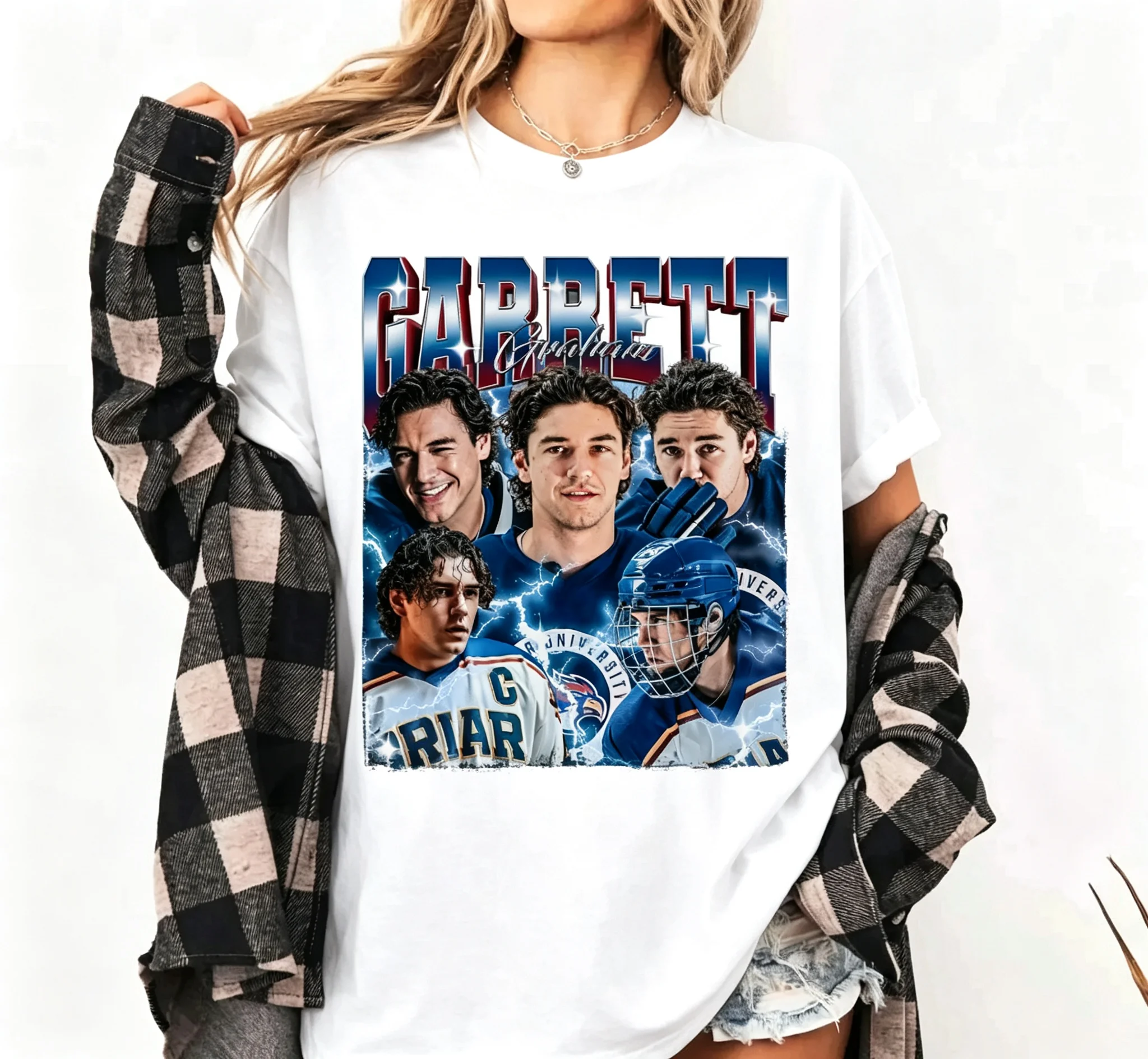 2026 Vintage Hockey Player Collage Graphic Oversized T-Shirt for Kids Adults Retro Lightning Portrait Print Loose Crew Neck