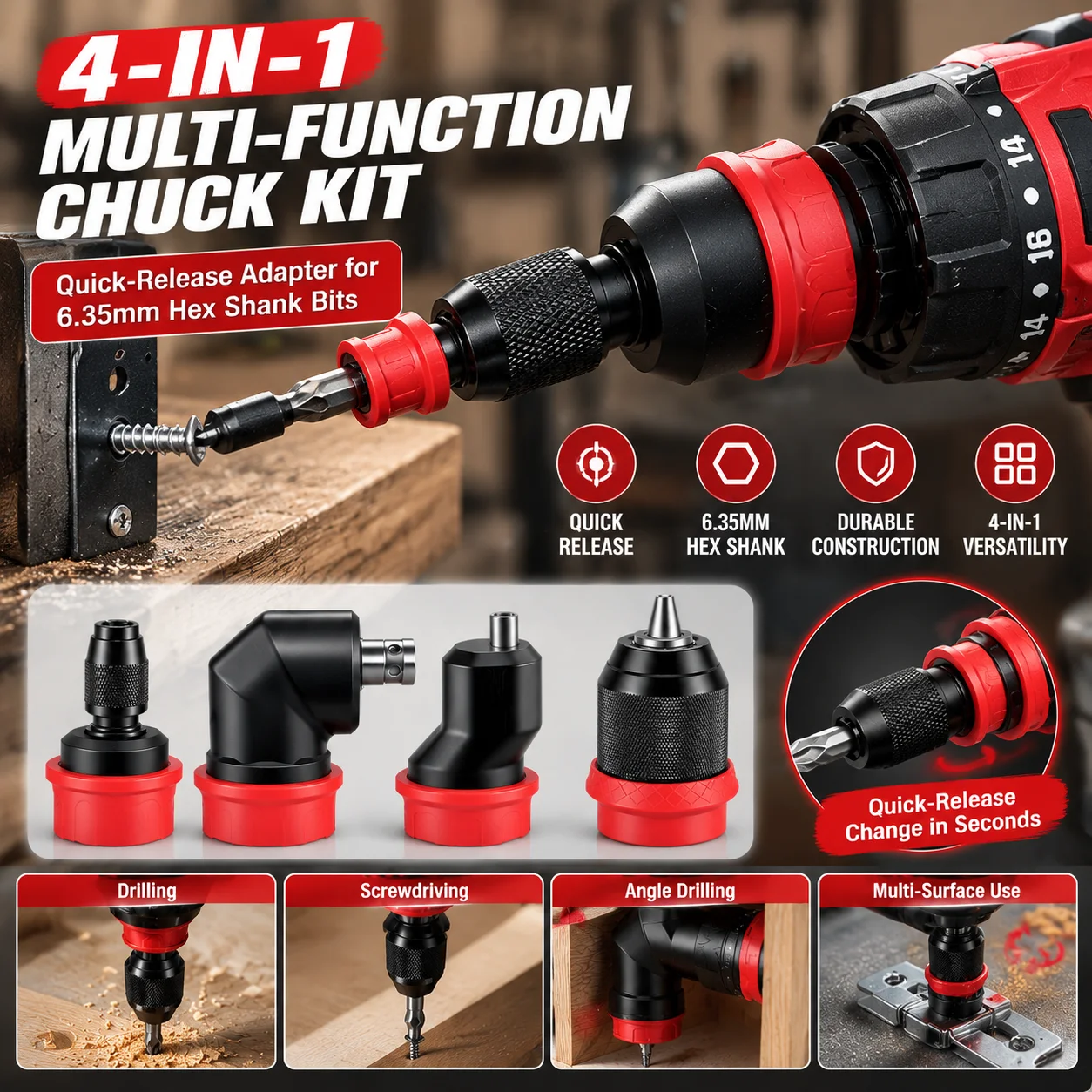 Brushless Rechargeable Drill Chuck With Quick Release Drill Conversion Chuck For 6.35mm Hex Bits Multi-function Chuck Kit