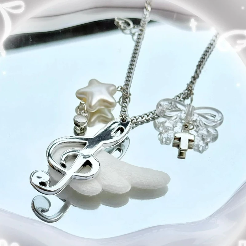 Fashion Ancient Musical Note Girl Necklaces Y2K Millennium Sweet Cool Sweater Chain One-Winged Angel Subculture Choker