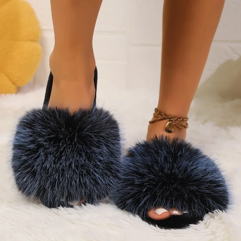 Luxury Fluffy Plush Indoor Home Slippers Women Winter Casual Flat Slippers Mix-color Lightweight Comfortable Furry Slides Woman