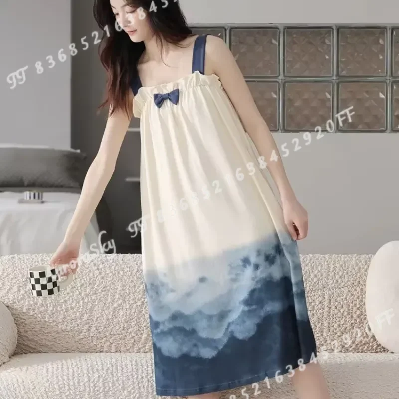 Women Summer Thin Strap Nightdress With Chest Pad Mid Length Cute Bow Heart Print Ladies Sleepwear Can Be Worn Outdoors