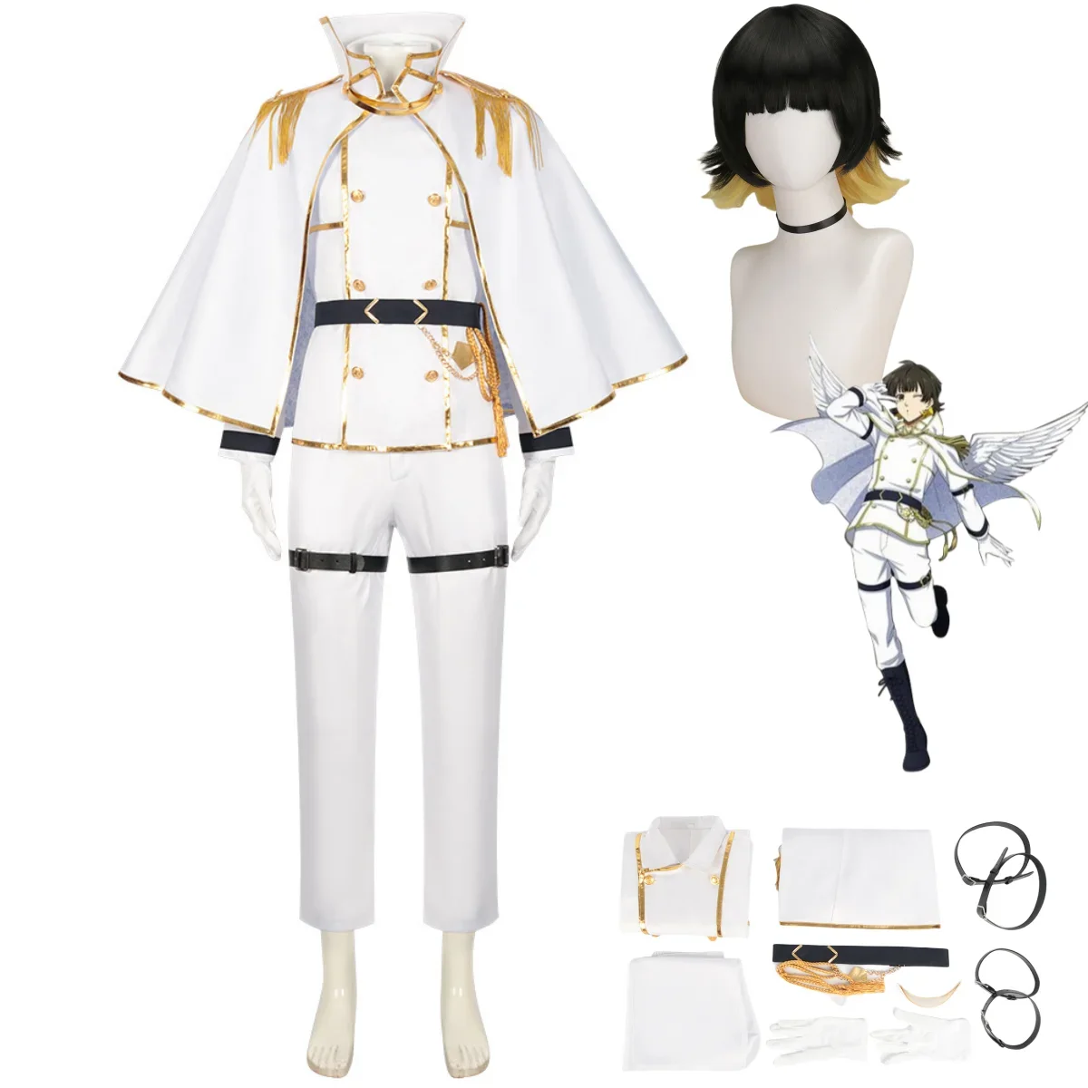 Anime Blue Lock Angels and Demons Bachira Meguru Cosplay Costume Wig White Military Uniform Shawl Man Halloween Carnival Suit