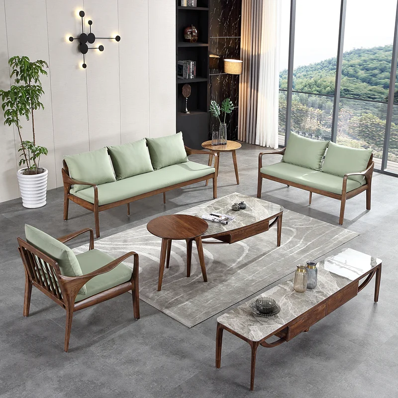 

Italian ebony sofa Nordic simple log fabric sofa modern all-solid wood small apartment living room furniture