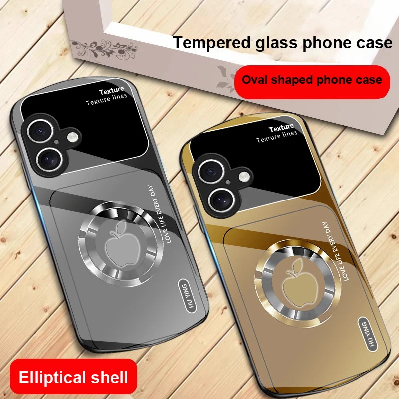 أيقونة أبل على شكل دائرة فضية لهاتف آيفون 17 16 15 14 13 Plus 12 mini 11 Pro Max XR Xs Max X 7 8 6S 22 20 حافظة هاتف زجاجية بيضاوية الشكل