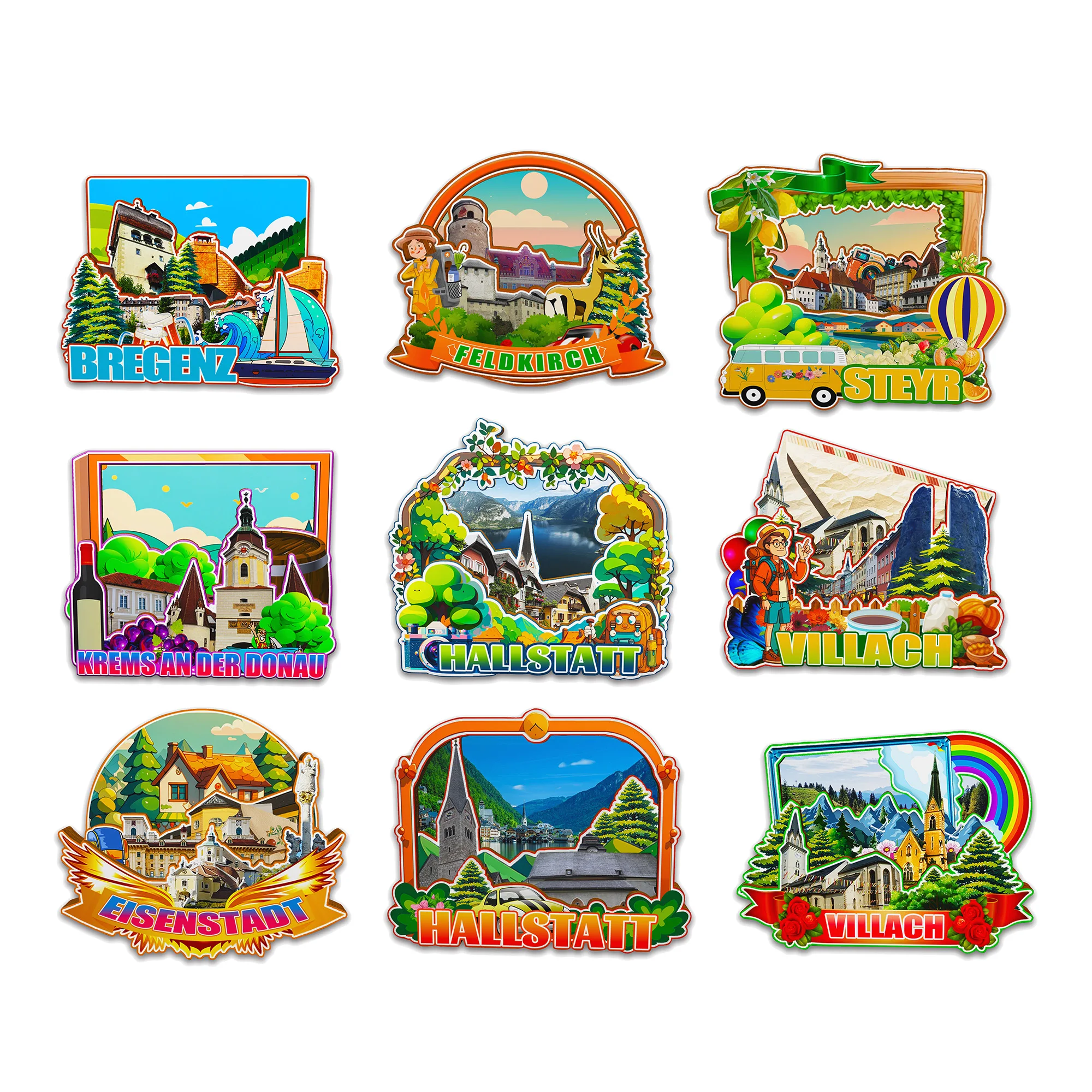Decorative Magnets for Feldkirch Bregenz Steyr Villach Krems Hallstatt Austria City Landmark Souvenirs 3D Wooden Fridge Stickers