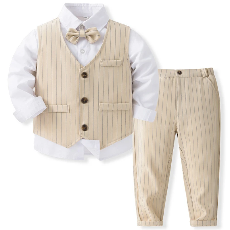 

4Piece Fall Baby Boy Luxury Clothes Korean Fashion Gentleman Stripe Baby Tops+Vest+Pants+Tie Children Boutique Clothing BC1192-1