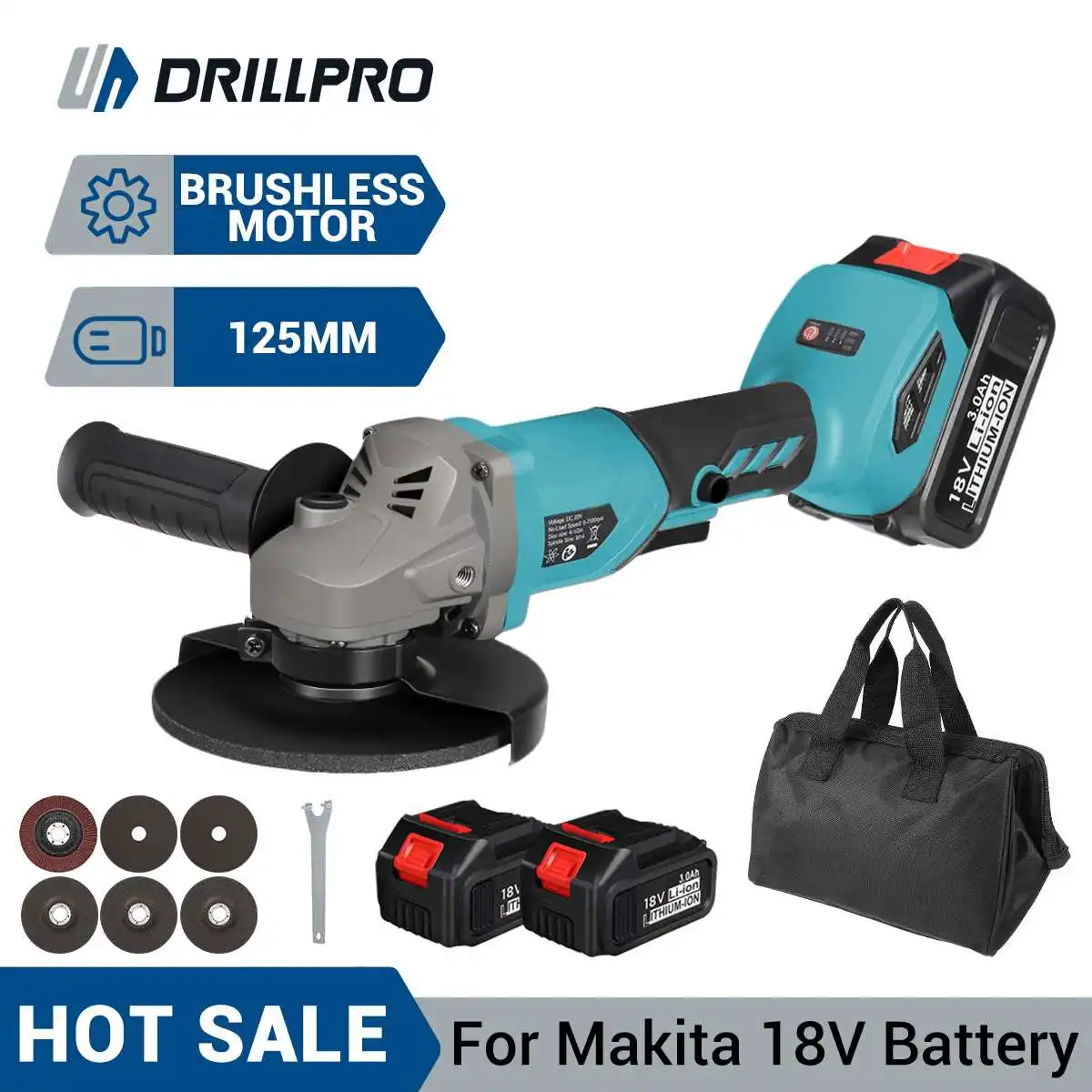 

Drillpro 125mm Variable Speed Brushless Electric Angle Grinder Woodworking Power Tools Winter Cutting For Makita 18V Battery