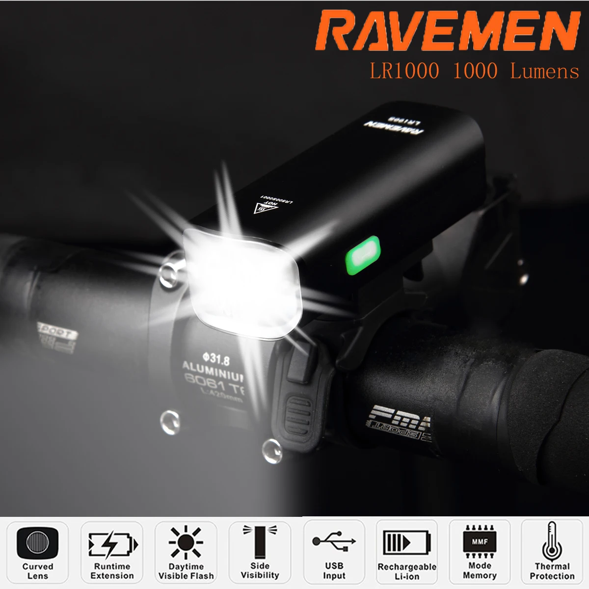 

RAVEMEN LED Bike Front Light Bicycle Headlight USB Rechargeable 3200mAH LR1000 Auto On-off Curved Lens Waterproof IPX6 Daytime