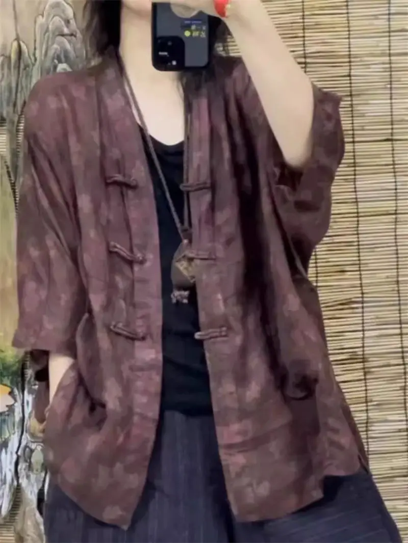 Chinese Style Clothes 2026 Summer New Button Up Cardigan Jacket Retro Women\'s Medium Sleeve Shirt Loose Zen Oversized Tops k1245
