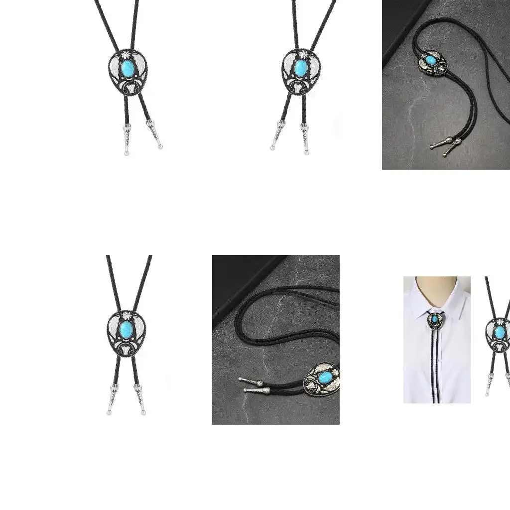 

652F Punk Western Cowboy Bolo Tie Stone Flower Necktie Necklace Costume Accessory