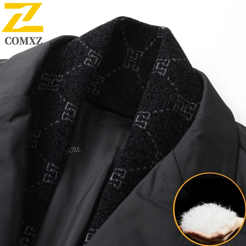 COMXZ Luxury Brand Mens Down Jacket Premium Suit Collar Outdoor Office Lightweight Puffer Coat Business Casual Warm Winter Coats