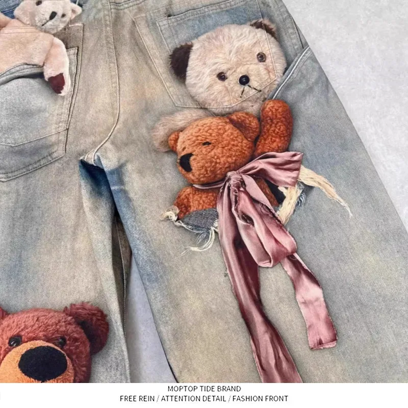 Teddy Bear  Knot Wide Leg Jeans Digital Printing Unisex Long Pants Straight Tube Cotton Youth Fashion Daily Wear