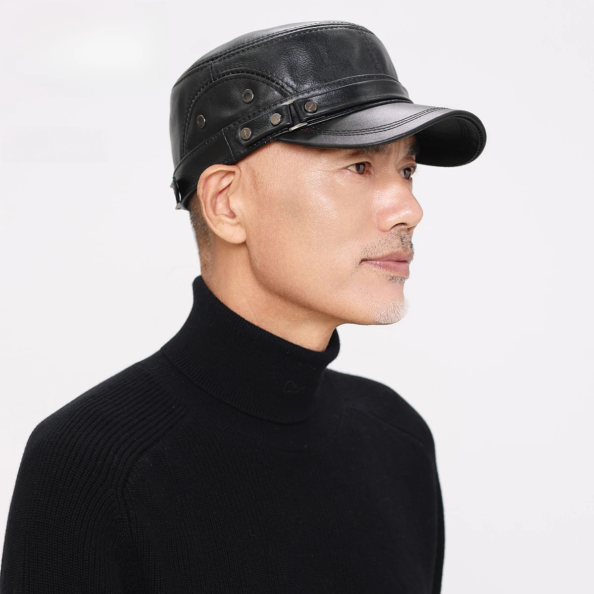 قبعة بيسبول مسطحة للخريف/الشتاء للرجال - قبعة كاجوال من جلد البقر الأصلي (56-60 سم) مع ديكور برشام #4