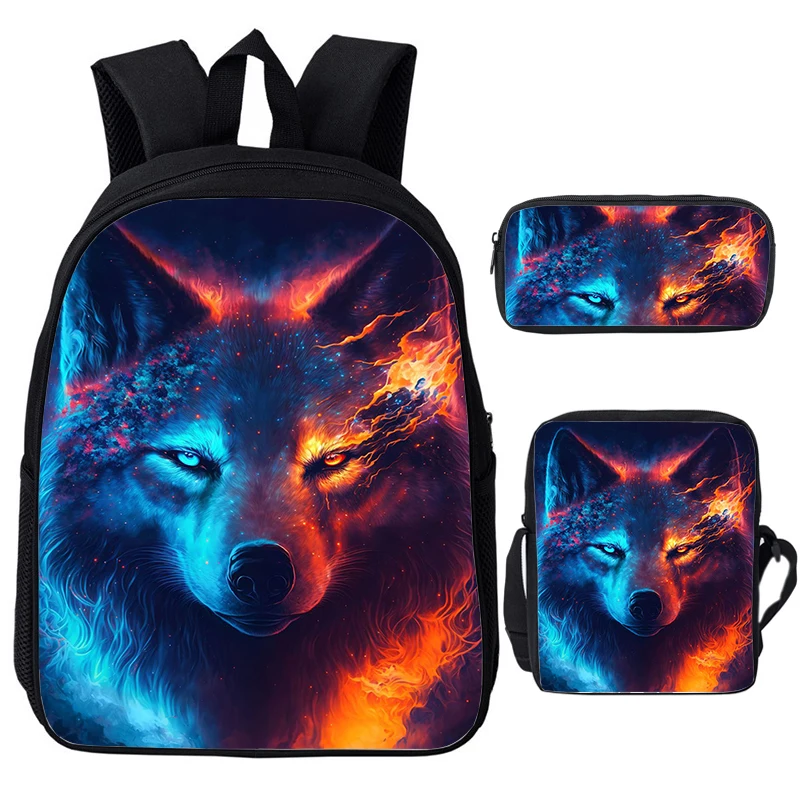 Cosmic Wolf Mochilas Crianças Mochila 3 pçs Conjunto Crianças Bookbags Adolescente Bolsa para Laptop Meninos Meninas Saco de Escola Saco de Almoço Estojo de Lápis