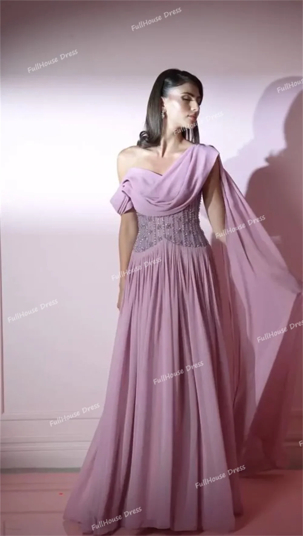 Gaun Malam Wanita Model Satu Bahu Bahan Sifon Lipit, A-line dengan Hiasan Manik-Manik, Panjang Lantai, Tali di Belakang, untuk Pesta dengan Model Court