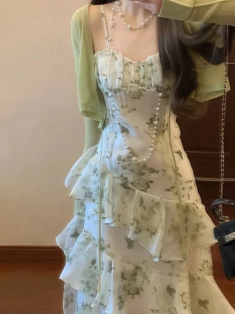 

Elegant Floral Slim Waist Ruffles Camisole Cake Dress+ Summer Long Sleeve Cardigan Coat Women 2025 New Two Piece Sets