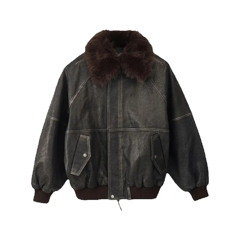 Eco Leather Women's Jacket with Hair Collar Patchwork Elegant Commuter Loose Peplum Design Jacket Spring 2026 Y2K Style