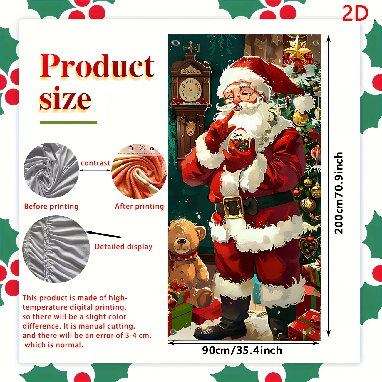 خطة ثنائية الأبعاد، تصميم ستارة باب العطلة الكلاسيكية لسانتا كلوز، أكاليل الزهور الحمراء والخضراء مع إضاءة ملونة