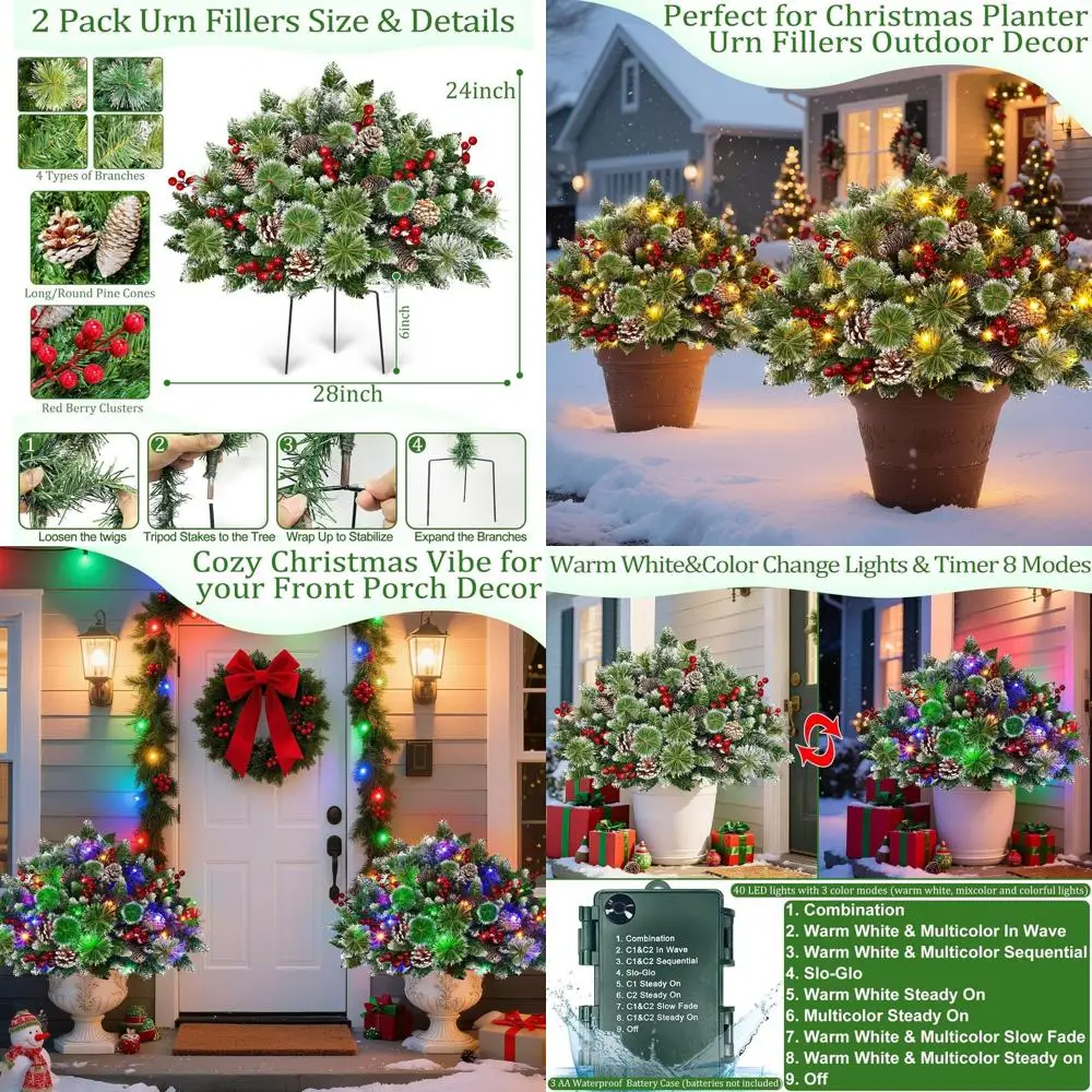 

24 Dual-Color LED Lighted Christmas Tree Urn Fillers, 8 Lighting Modes, Battery-Powered for Outdoor Holiday Decor