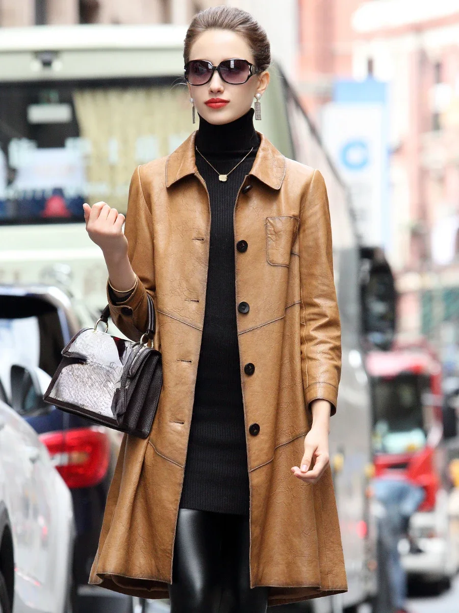 Tajiyane Real Leather Jacket Women New Spring Autumn Genuine Sheepskin Coats Mid-length Brown Trench Coat Korean Style SGG747