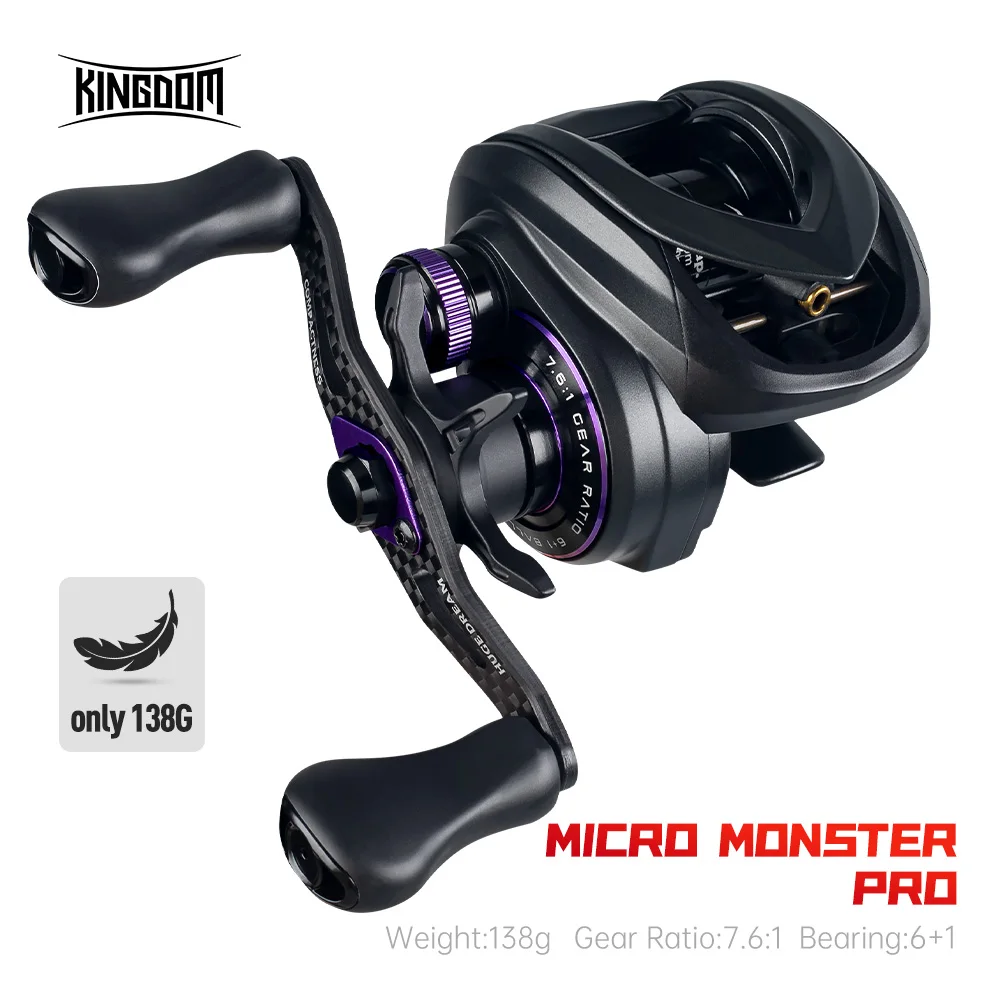 KINGDOM Micro Pro Baitcasting Fishing Reel 7.6:1 Gear Ratio 4.6kg Max Drag 138g Weight Ultra-light Carbon Material Fishing Reel