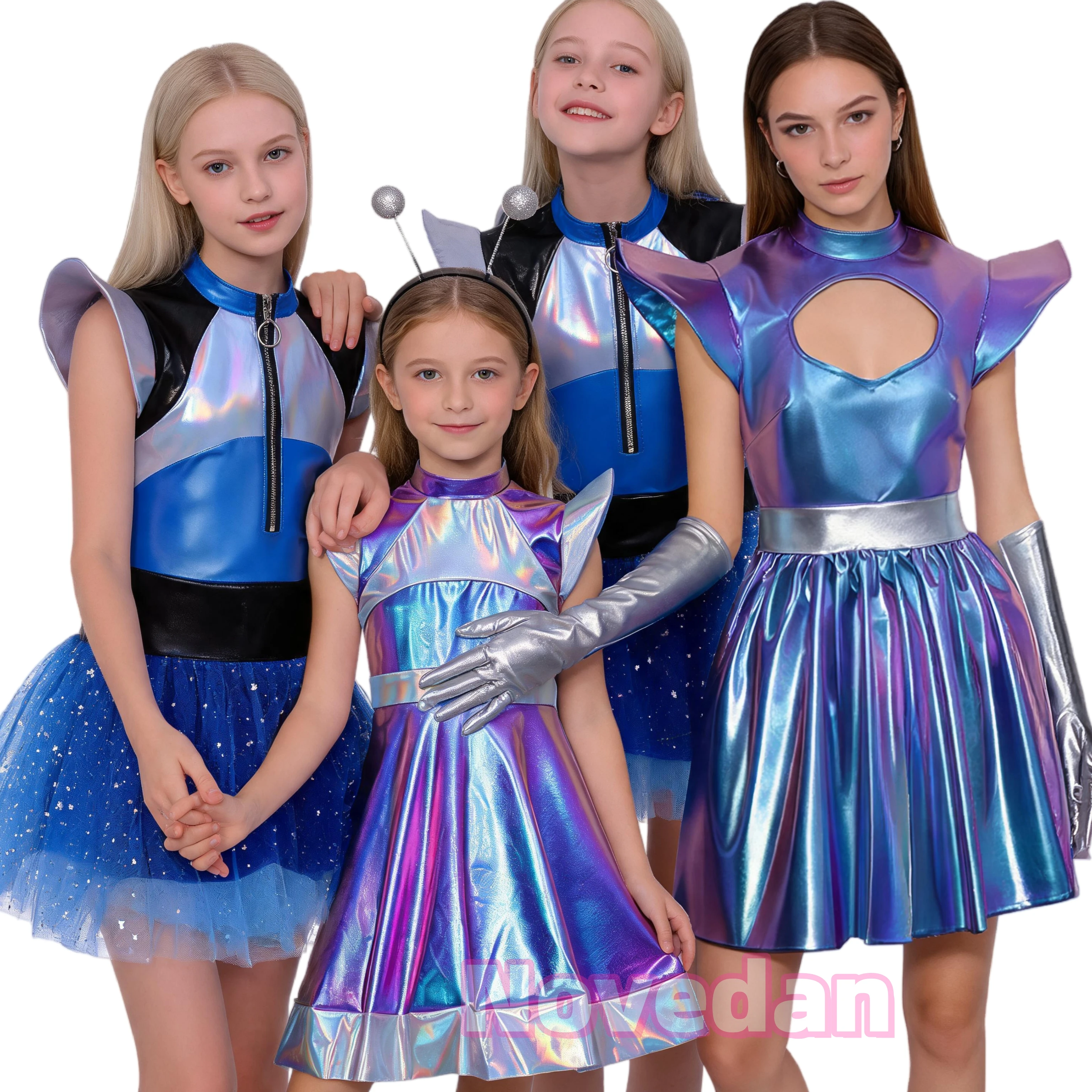 Erwachsenen- und Kinder-AI-Roboter-Astronautenkostüm Damen Mädchen Alien-Tutu-Kleid Raumanzug Tüllrock Overall Halloween Cosplay Partykleid